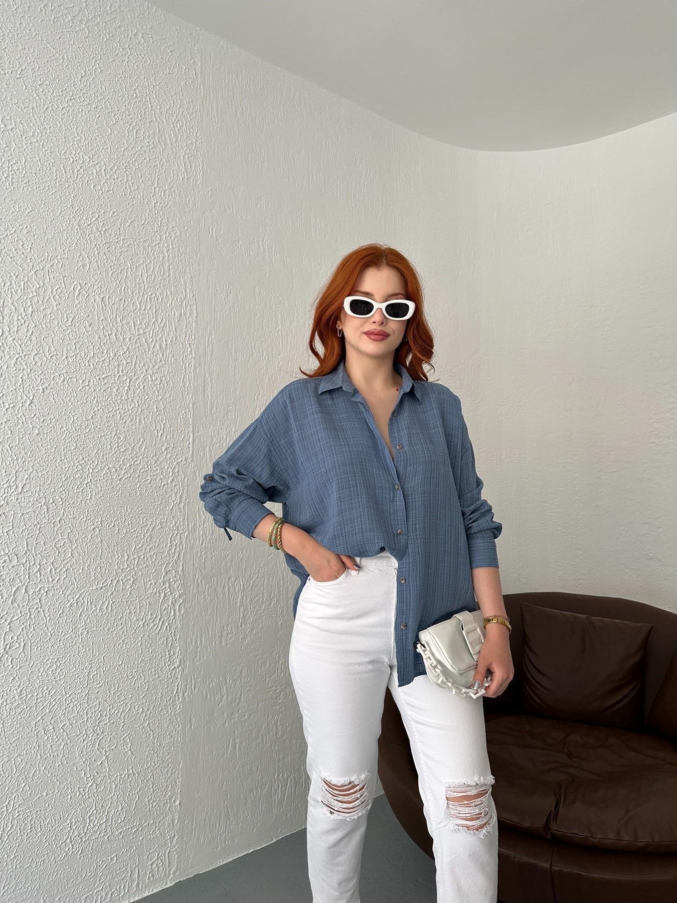 Oversize Keten Gömlek İndigo