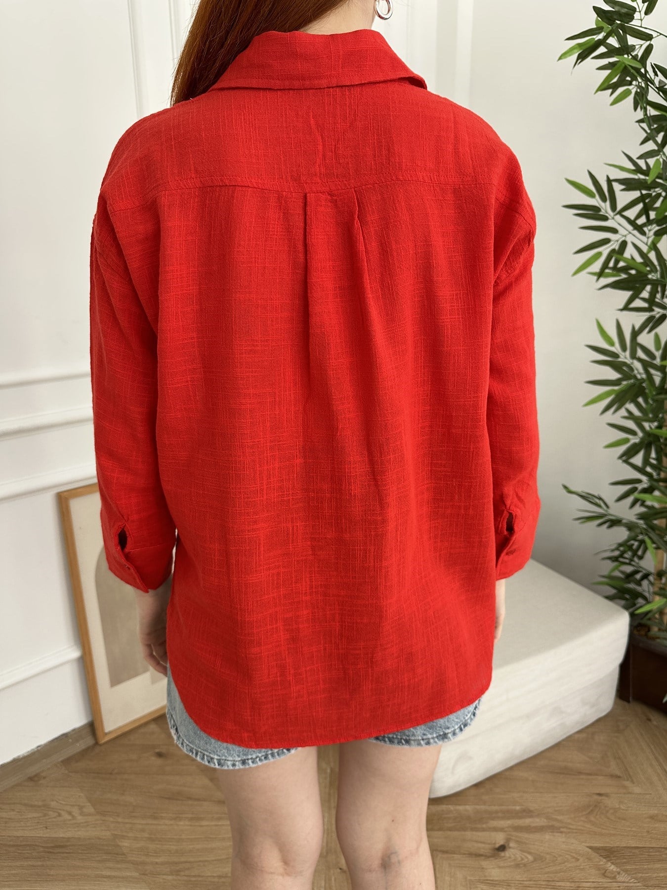 Oversize Keten Gömlek Kırmızı