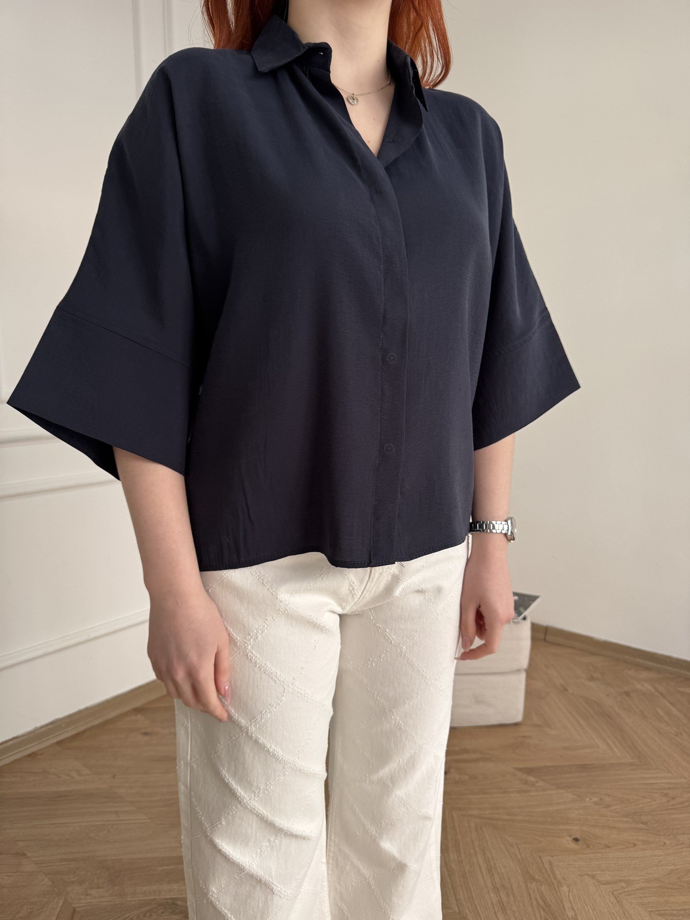 Oversize Kısa Kol Crop Gömlek Lacivert
