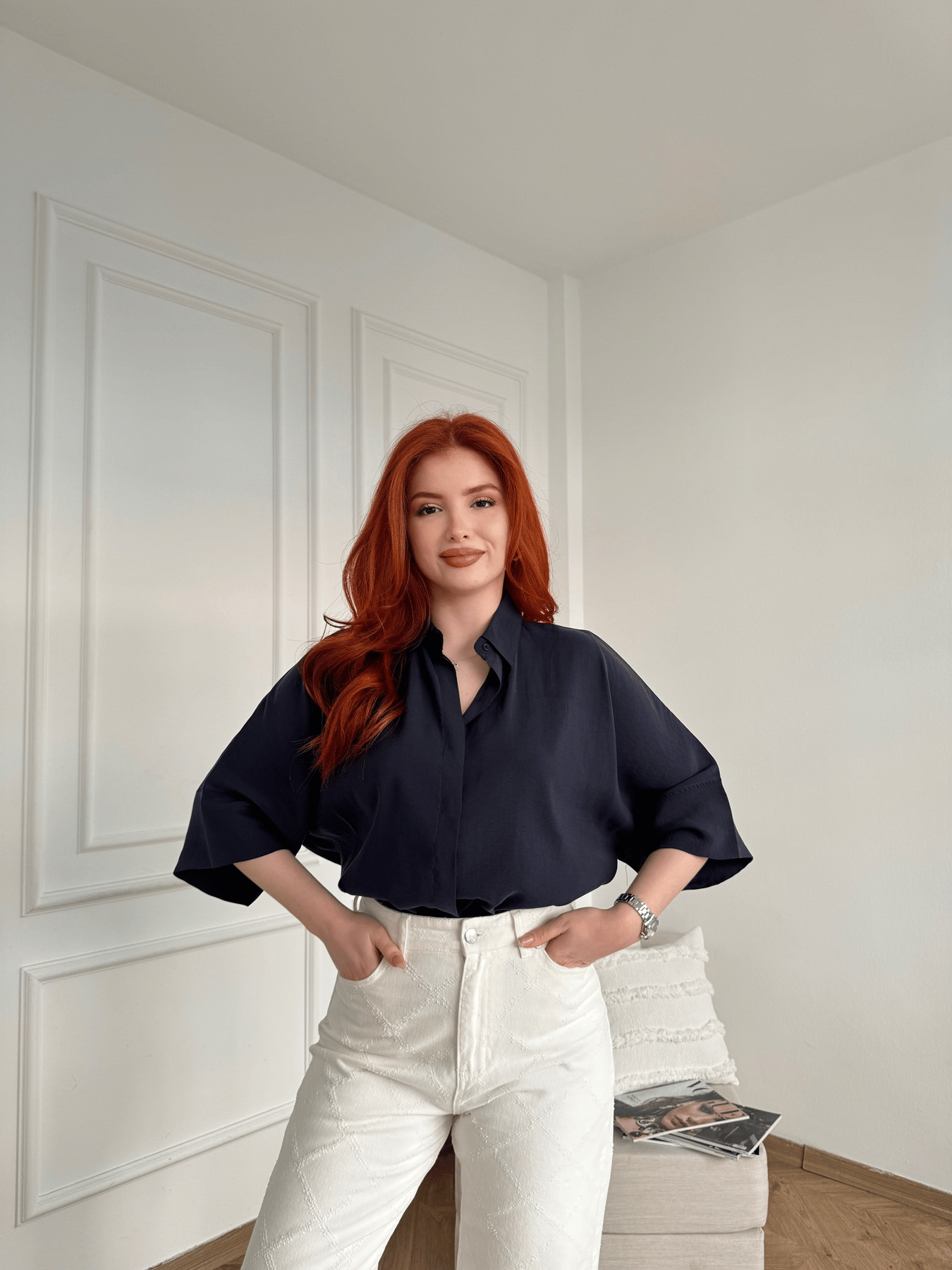 Oversize Kısa Kol Crop Gömlek Lacivert