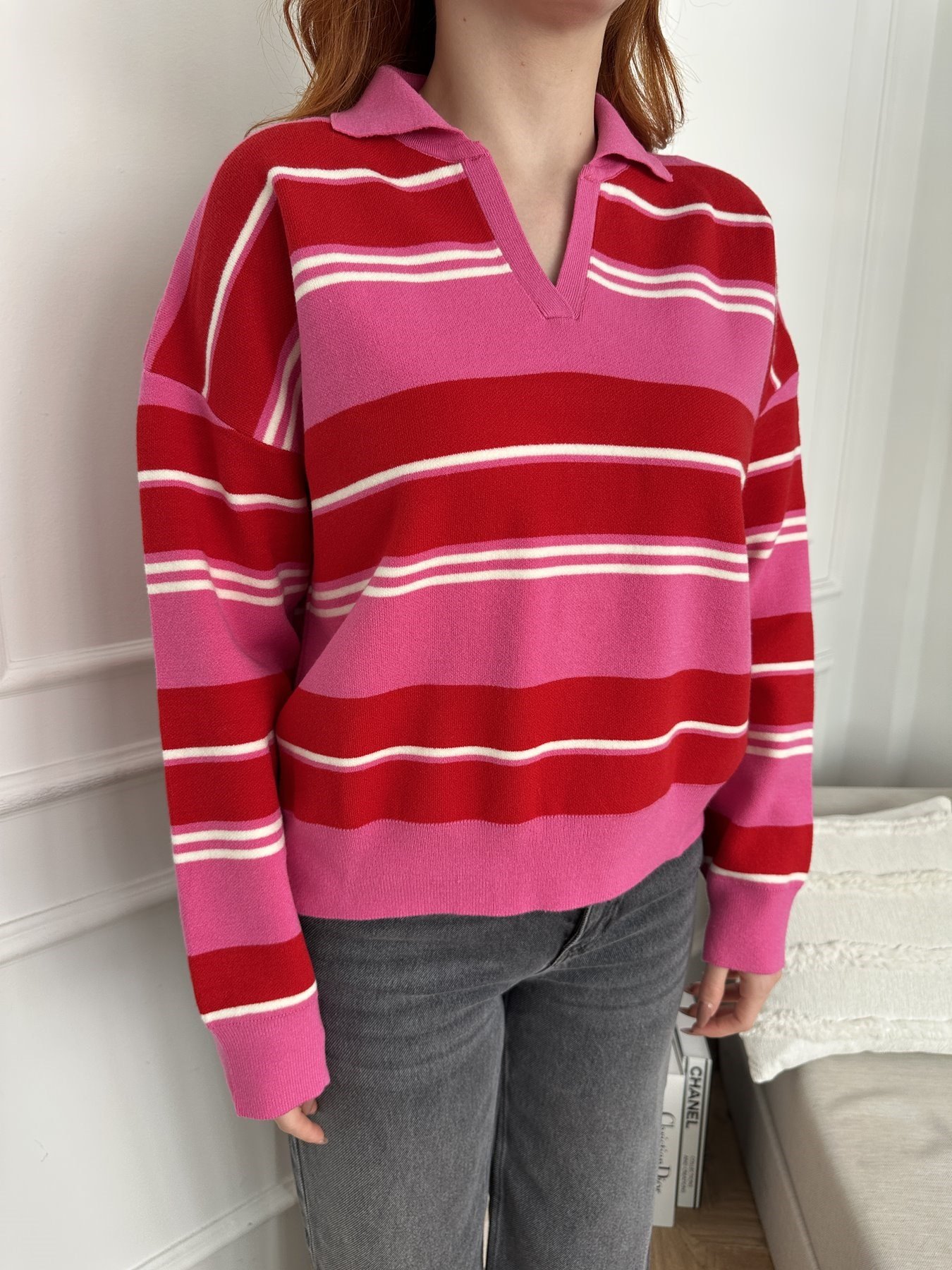 Oversize Polo Yaka Çizgili Triko Pembe