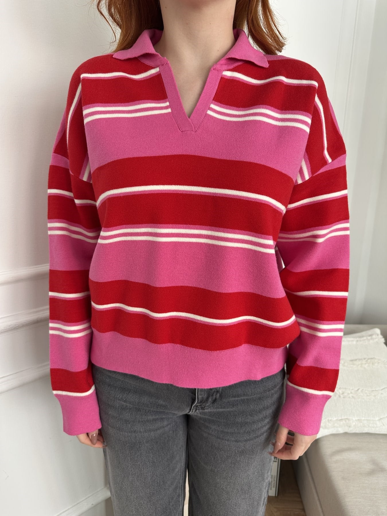 Oversize Polo Yaka Çizgili Triko Pembe