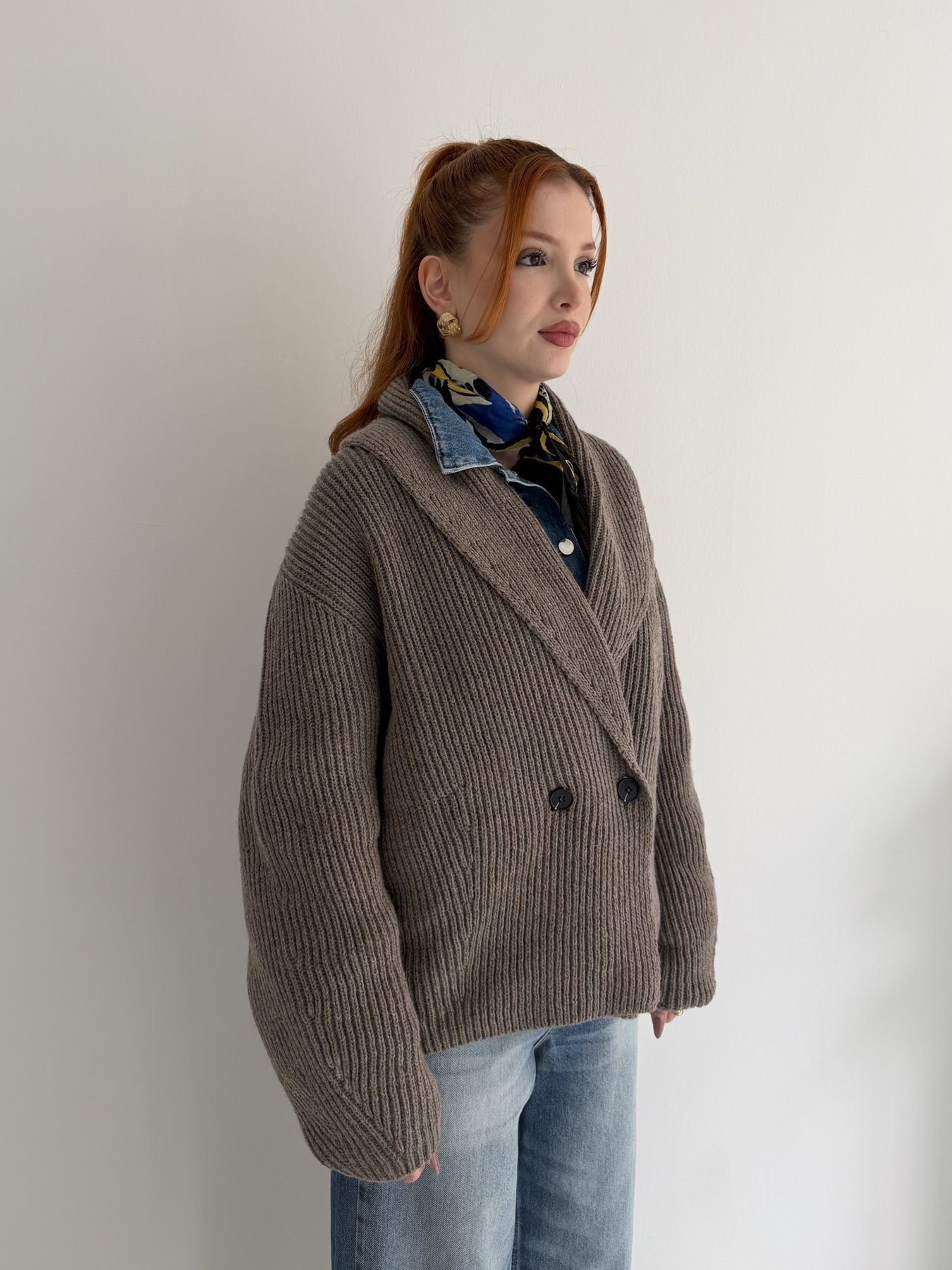 Oversize Şal Yaka Hırka Vizon