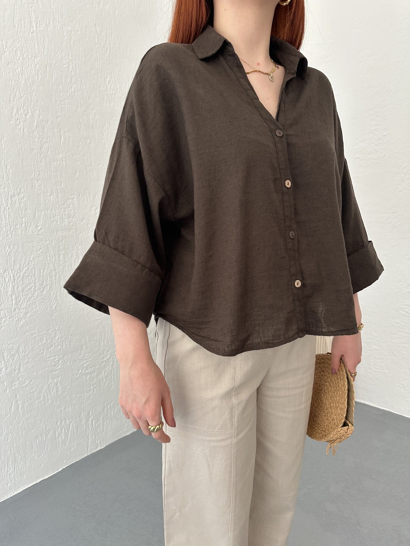 Oversize Sırt Detaylı Gömlek Kahve