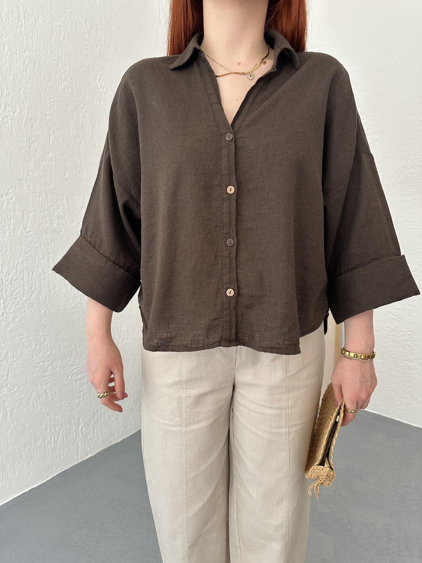 Oversize Sırt Detaylı Gömlek Kahve