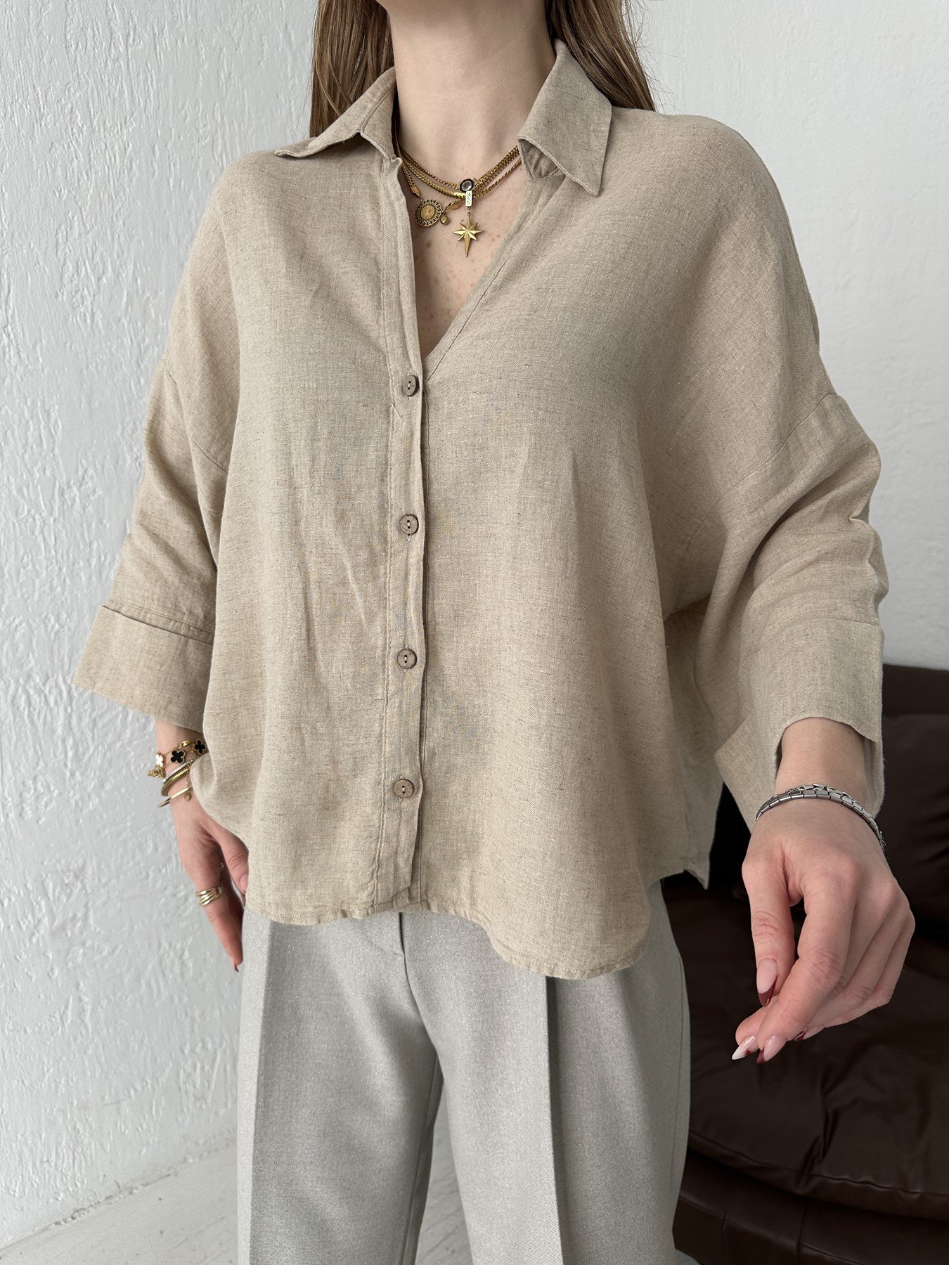 Oversize Sırt Detaylı Gömlek Naturel