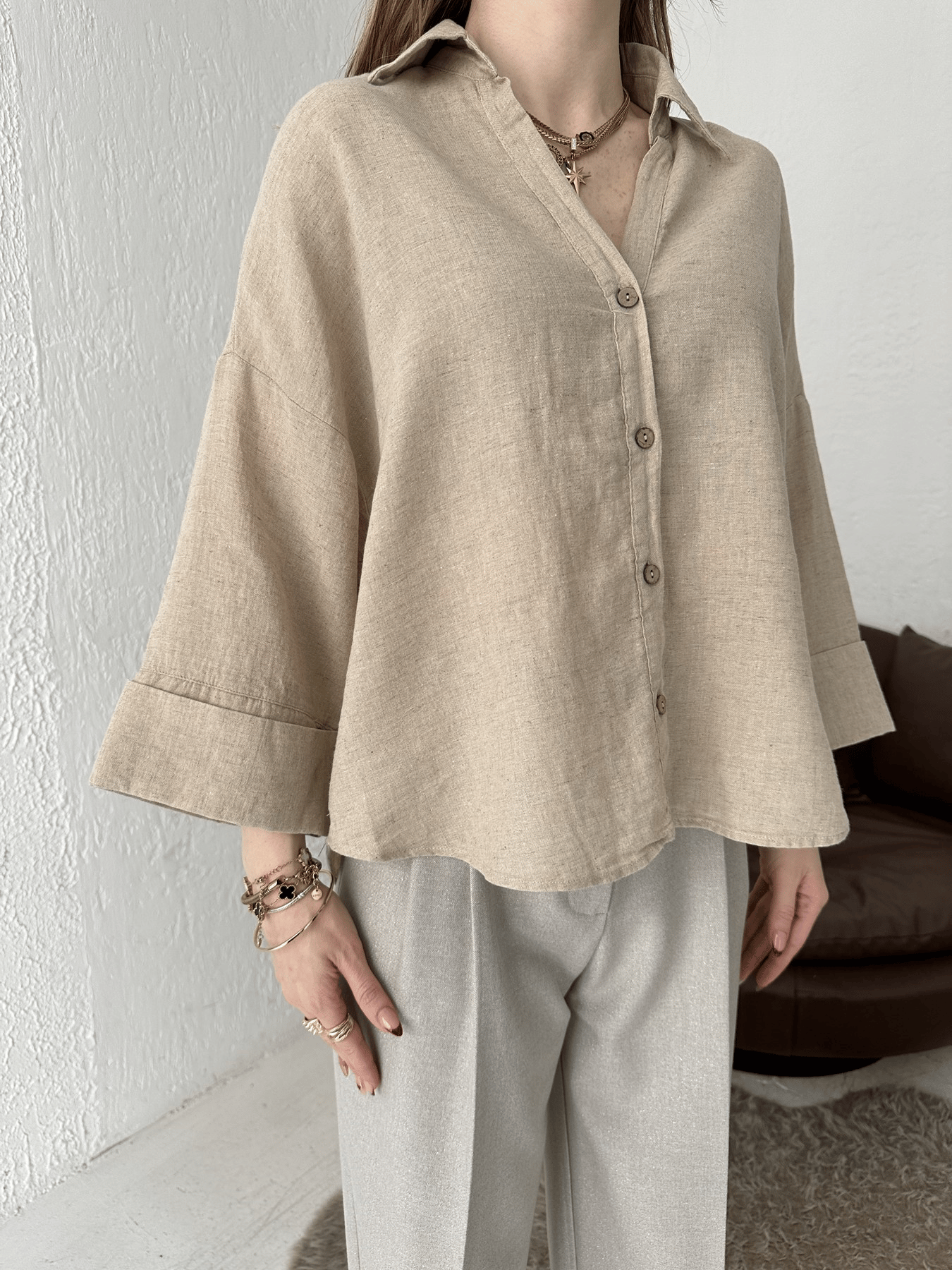 Oversize Sırt Detaylı Gömlek Naturel