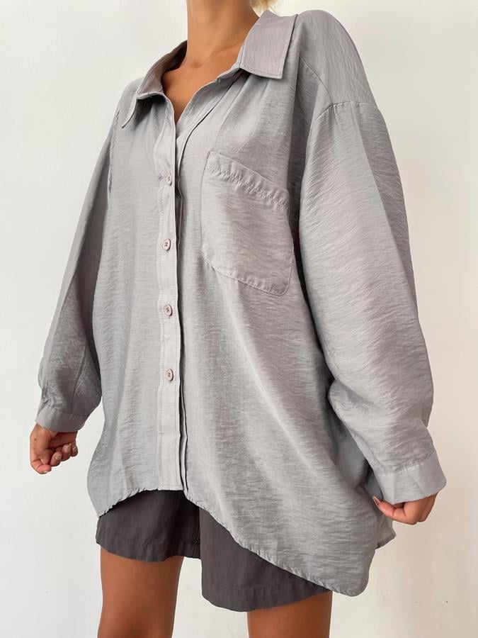 Oversize Tek Cep Gömlek GRİ