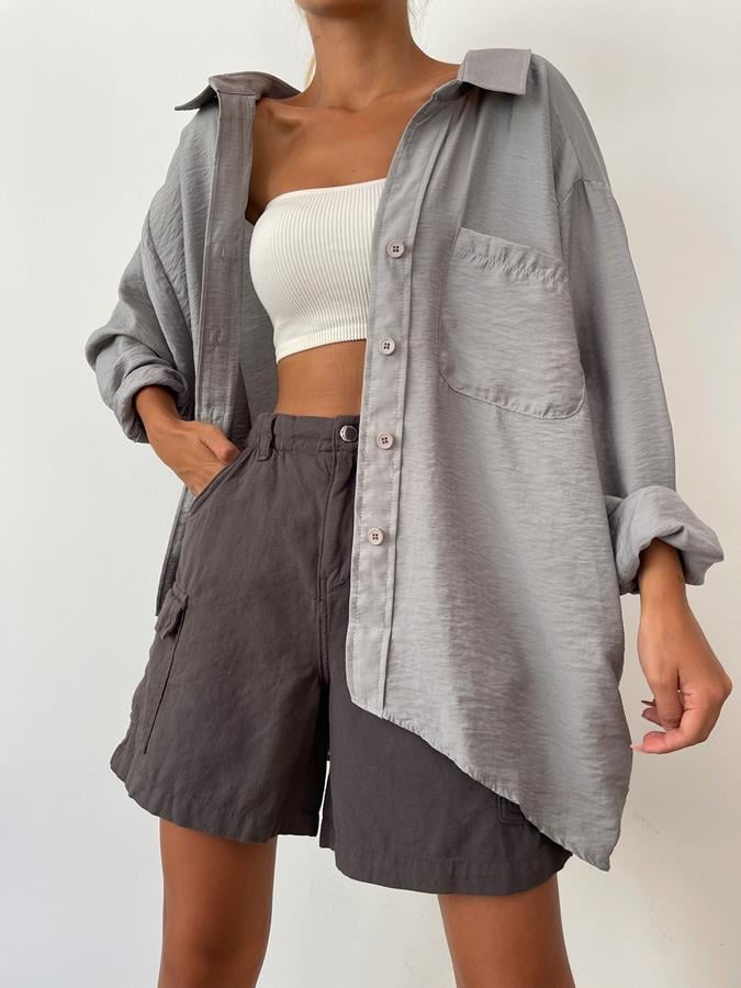 Oversize Tek Cep Gömlek GRİ