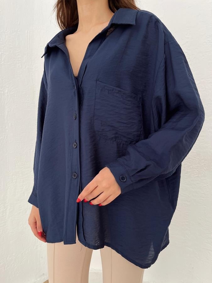 Oversize Tek Cep Gömlek LACİVERT