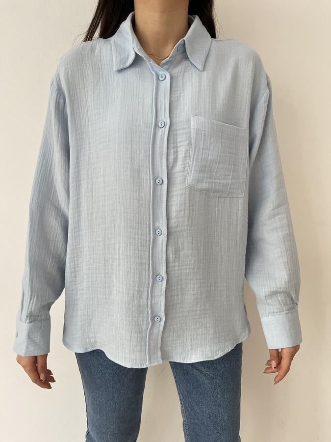 Oversize Tek Cep Pamuklu Gömlek MAVİ