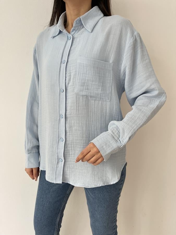 Oversize Tek Cep Pamuklu Gömlek MAVİ