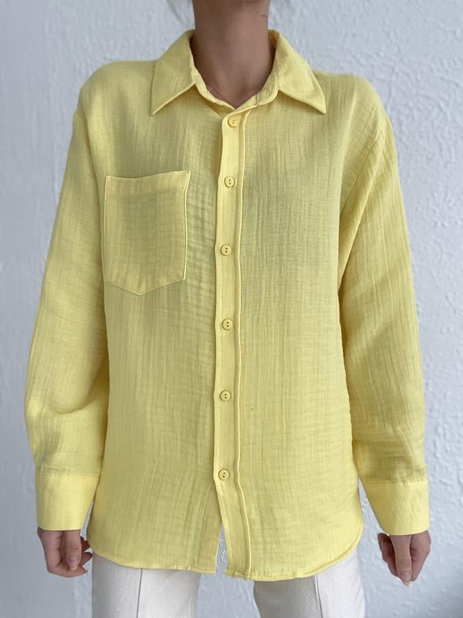 Oversize Tek Cep Pamuklu Gömlek SARI