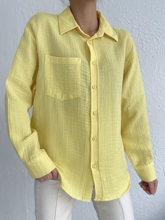 Oversize Tek Cep Pamuklu Gömlek SARI