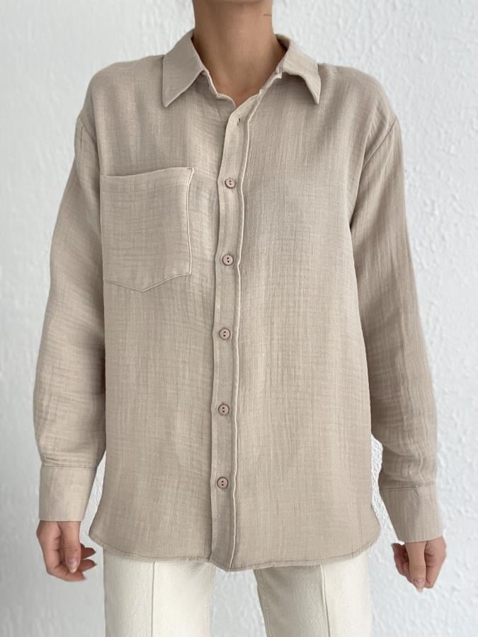 Oversize Tek Cep Pamuklu Gömlek VİZON