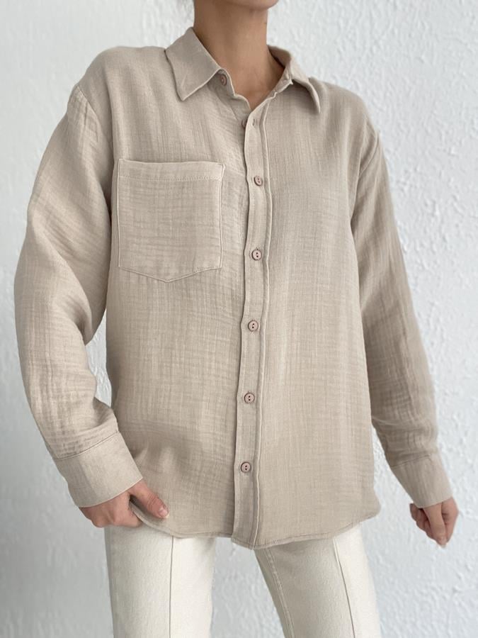 Oversize Tek Cep Pamuklu Gömlek VİZON