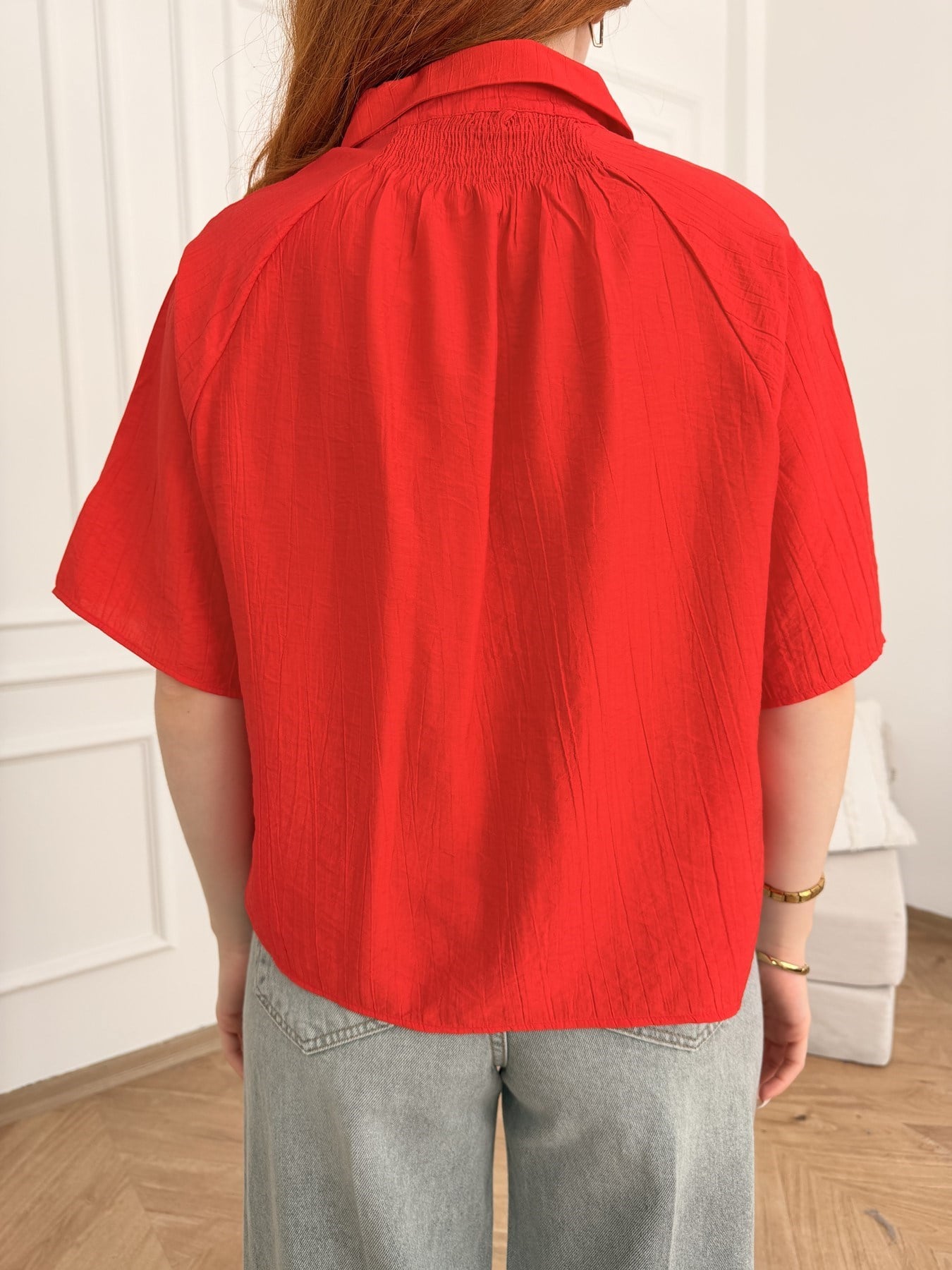 Oversize V Yaka Kraşlı Gömlek Mercan