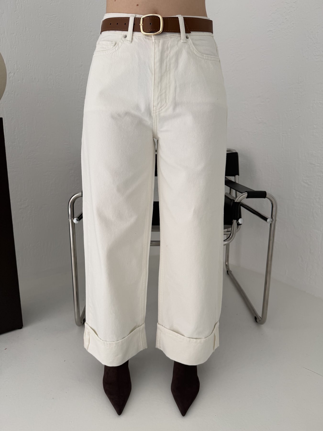 Paça Katlamalı Jean Pantolon Ekru