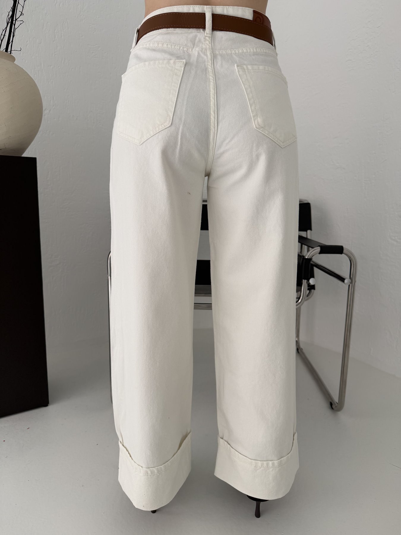 Paça Katlamalı Jean Pantolon Ekru