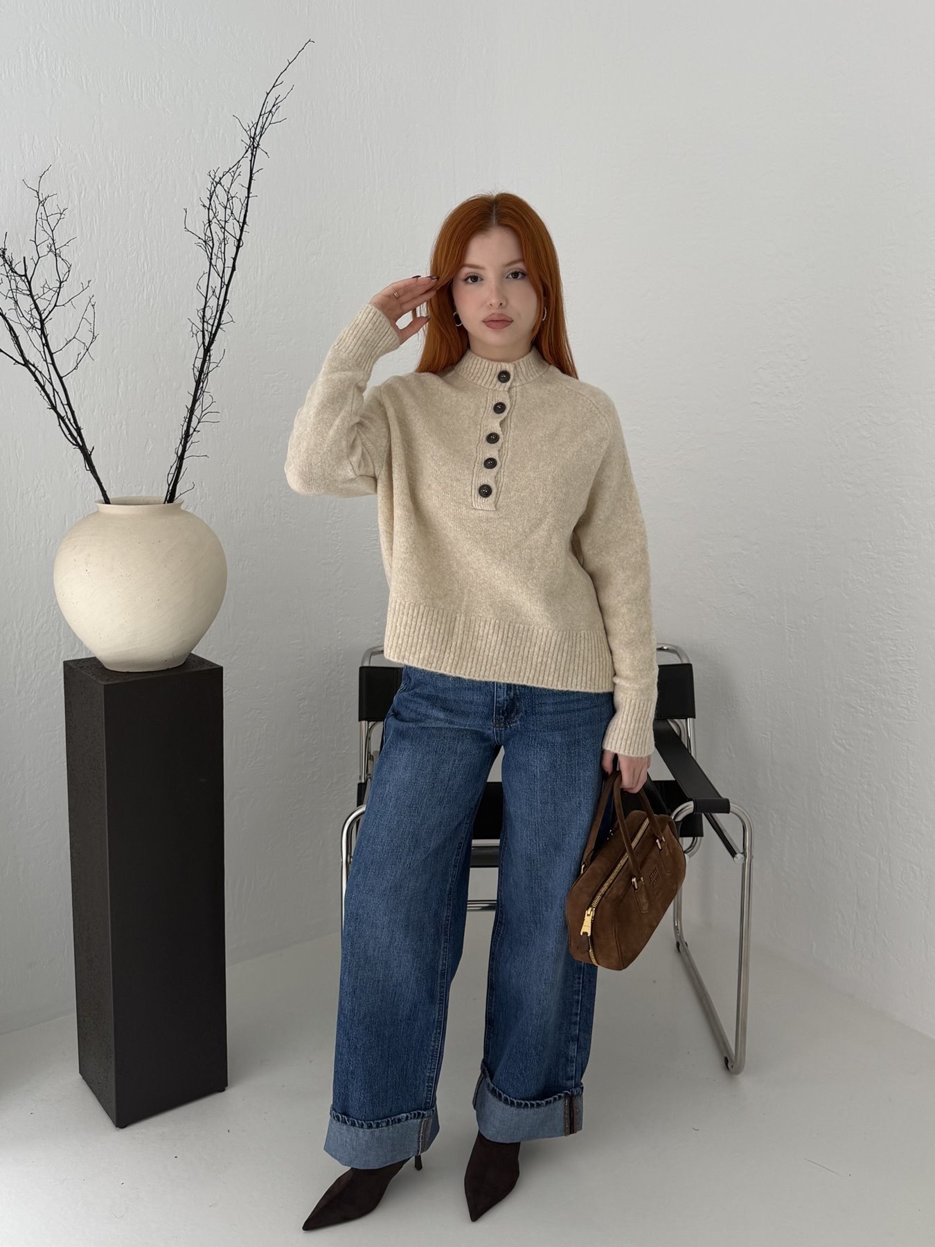 Paça Katlamalı Jean Pantolon Koyu mavi