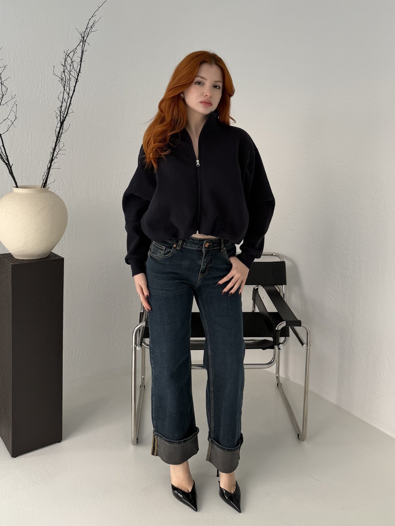 Paça Katlamalı Likralı Jean Pantolon Lacivert