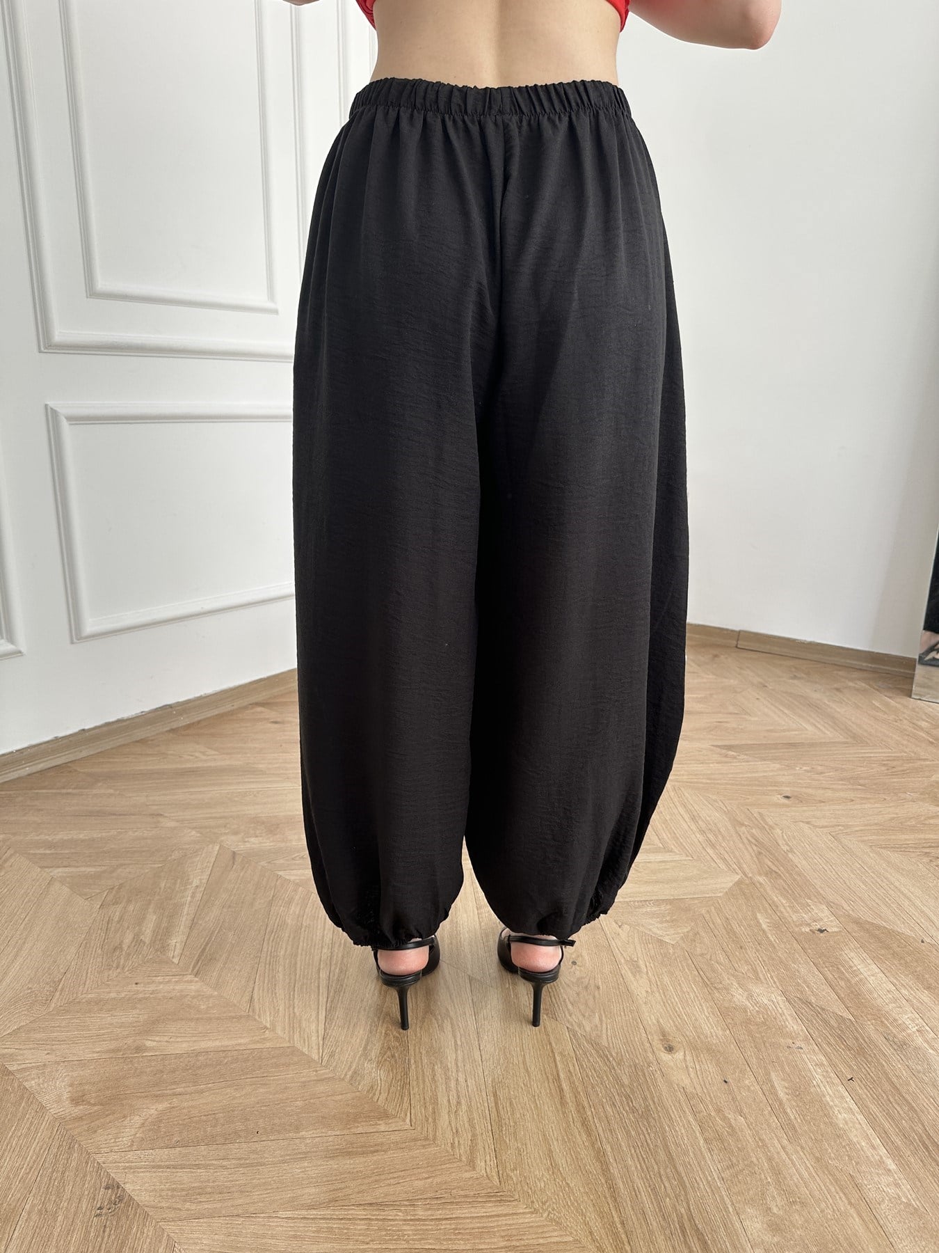 Paça Lastikli Keten Görünümlü Şalvar Pantolon Siyah
