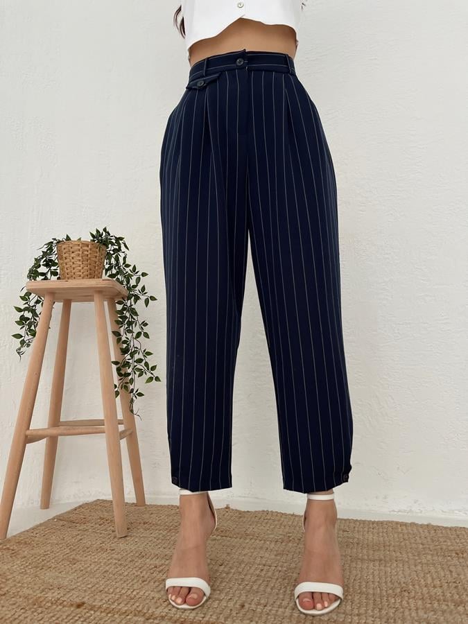 Paçası Düğmeli Çizgili Pantolon LACİVERT