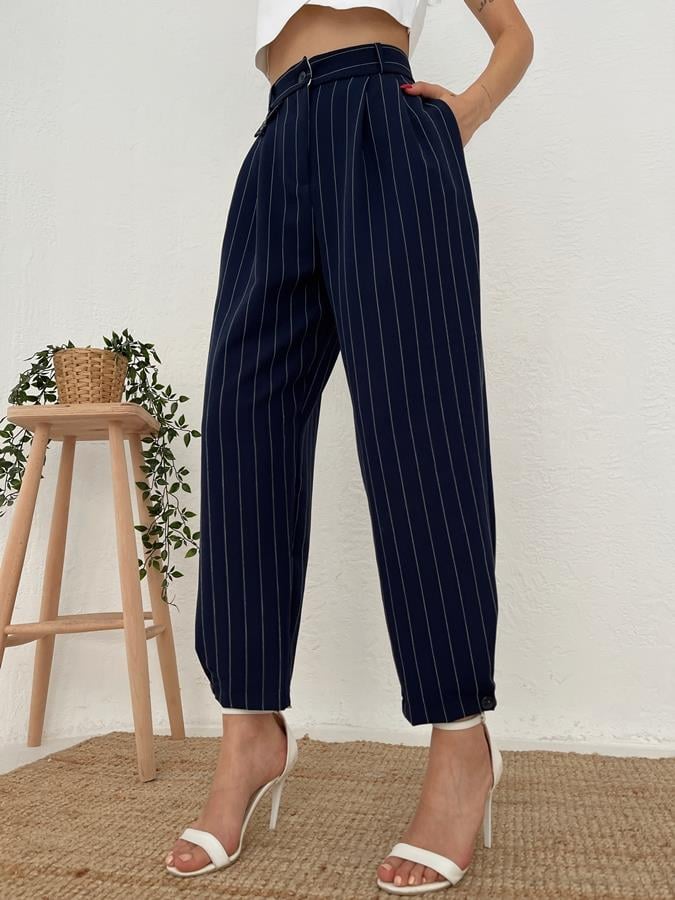 Paçası Düğmeli Çizgili Pantolon LACİVERT