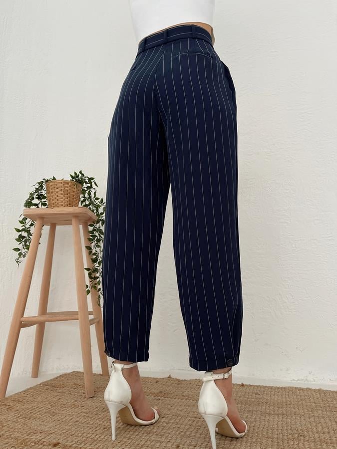 Paçası Düğmeli Çizgili Pantolon LACİVERT
