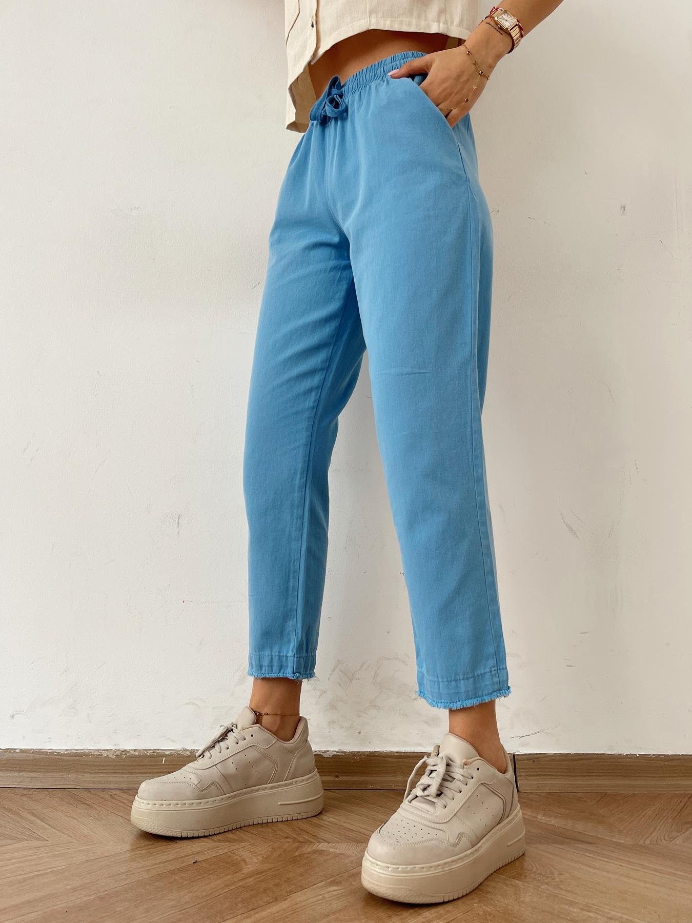 Paçası Püskül Detay Lastikli Pantolon Mavi