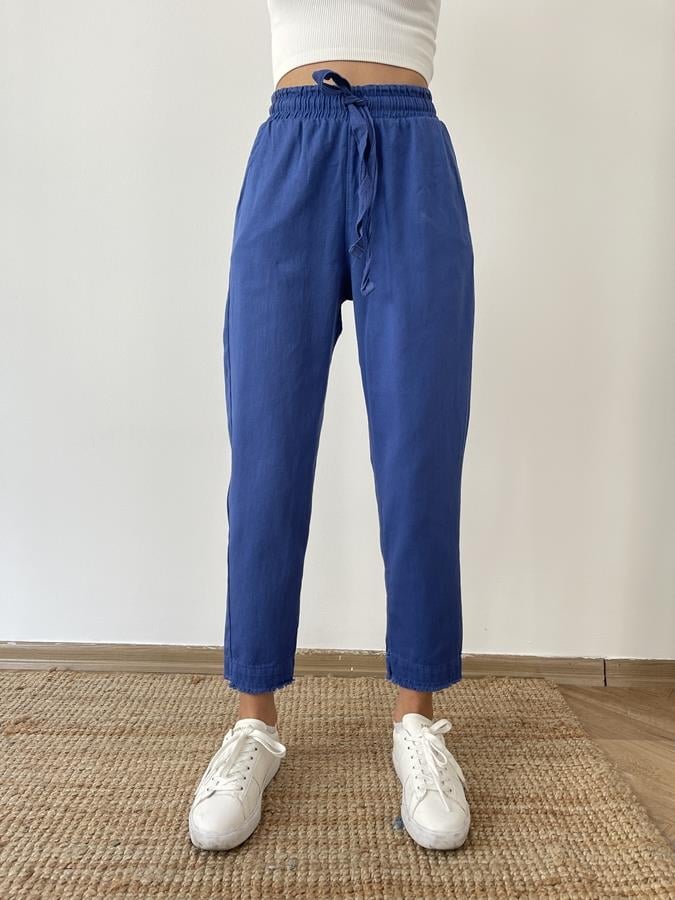 Paçası Püskül Detay Lastikli Pantolon Saks