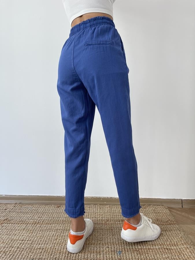 Paçası Püskül Detay Lastikli Pantolon Saks