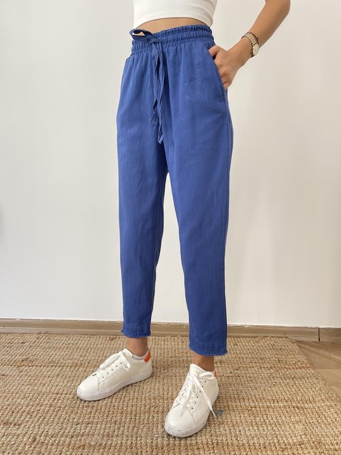 Paçası Püskül Detay Lastikli Pantolon Saks