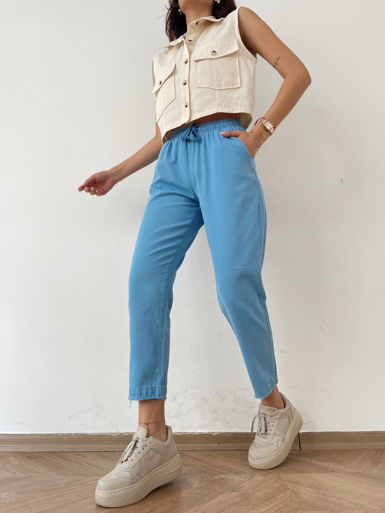 Paçası Püskül Detay Lastikli Pantolon Mavi