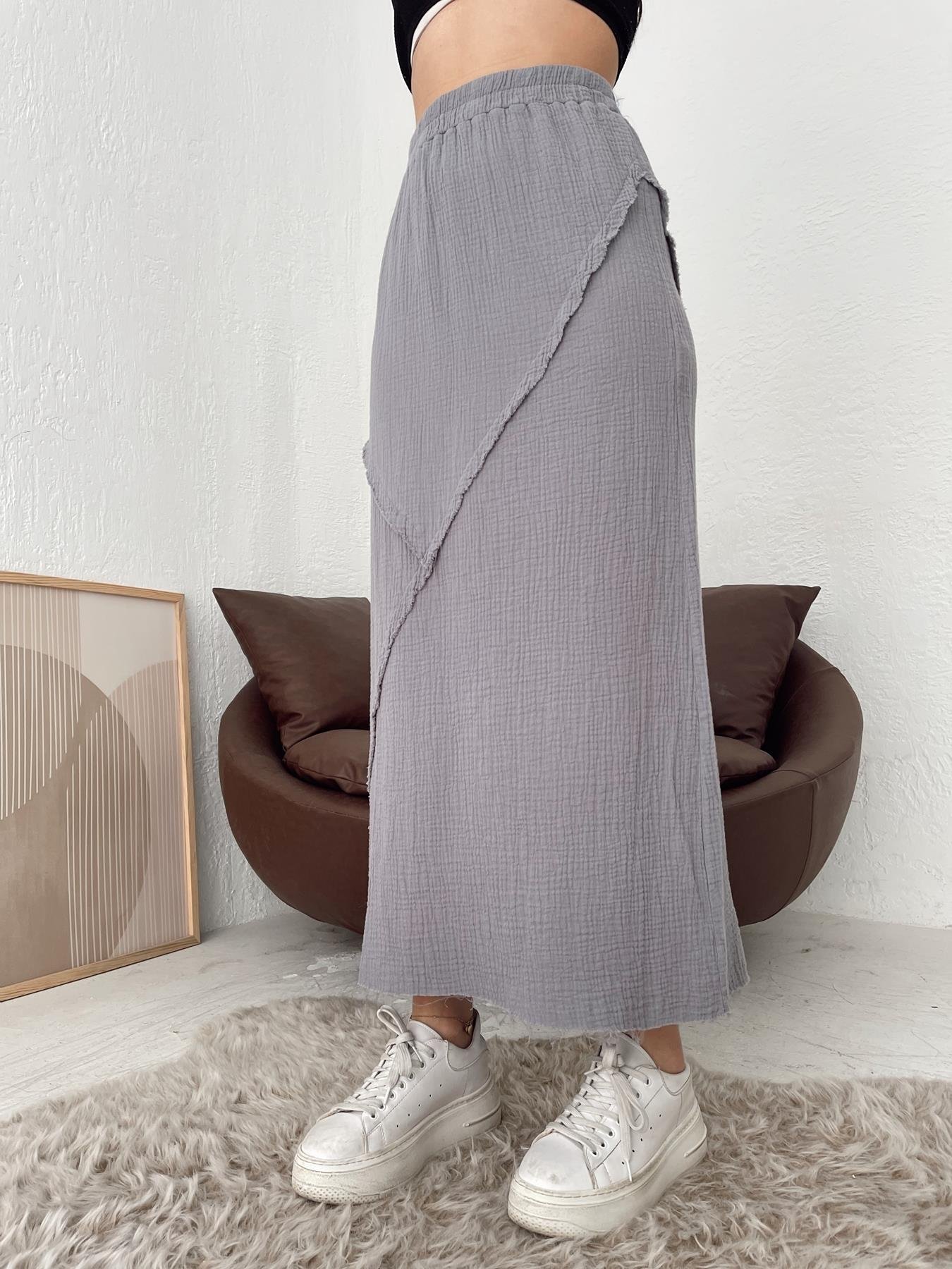 Parça Detaylı Midi Etek GRİ