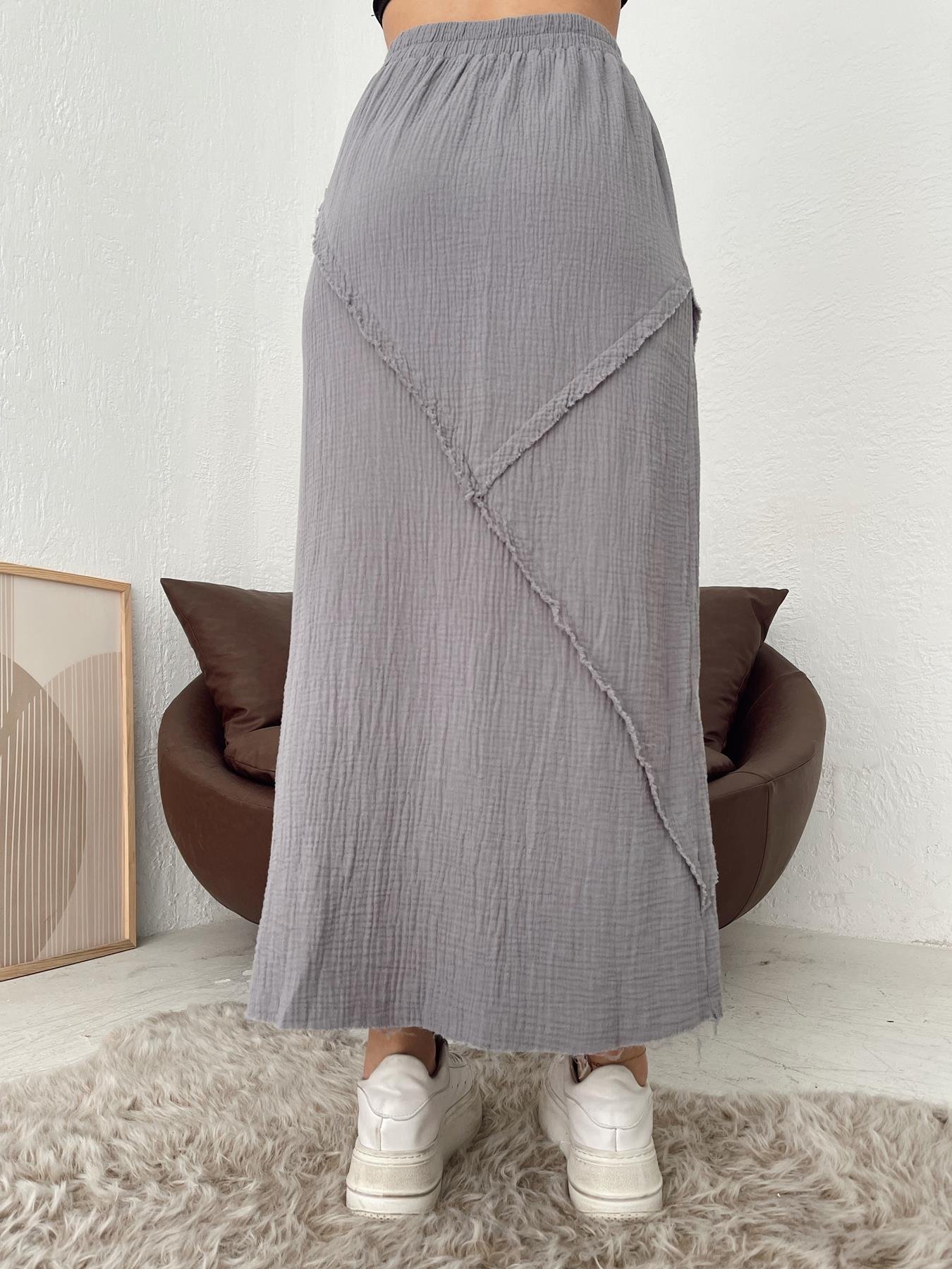 Parça Detaylı Midi Etek GRİ