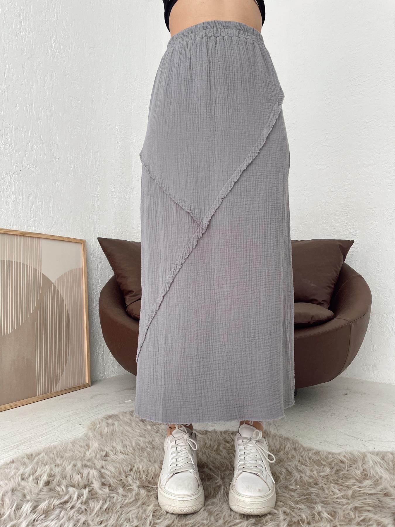 Parça Detaylı Midi Etek GRİ