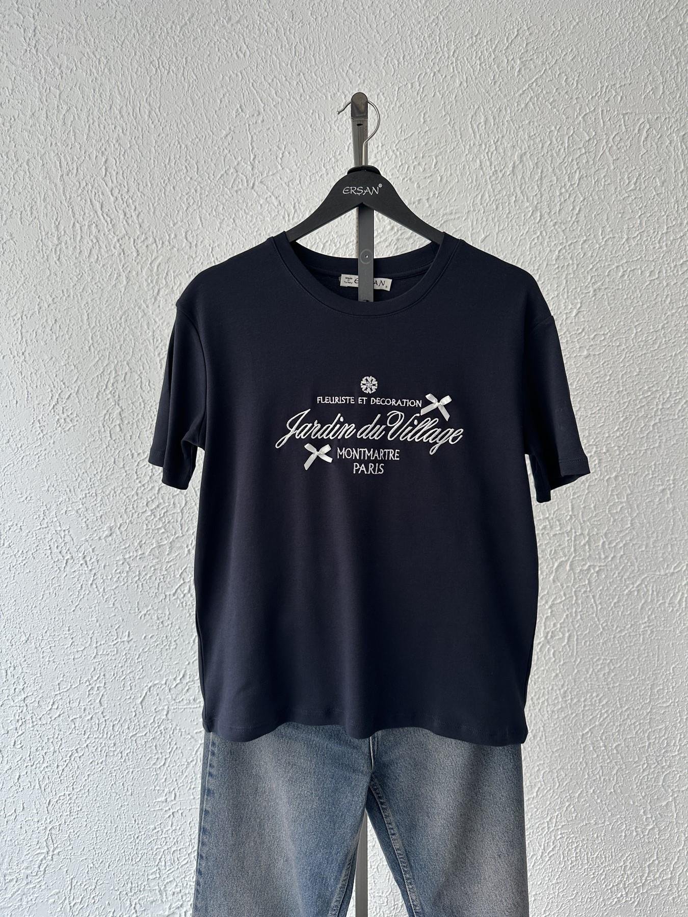 Paris Nakışlı Kısa Kollu Tişört Lacivert