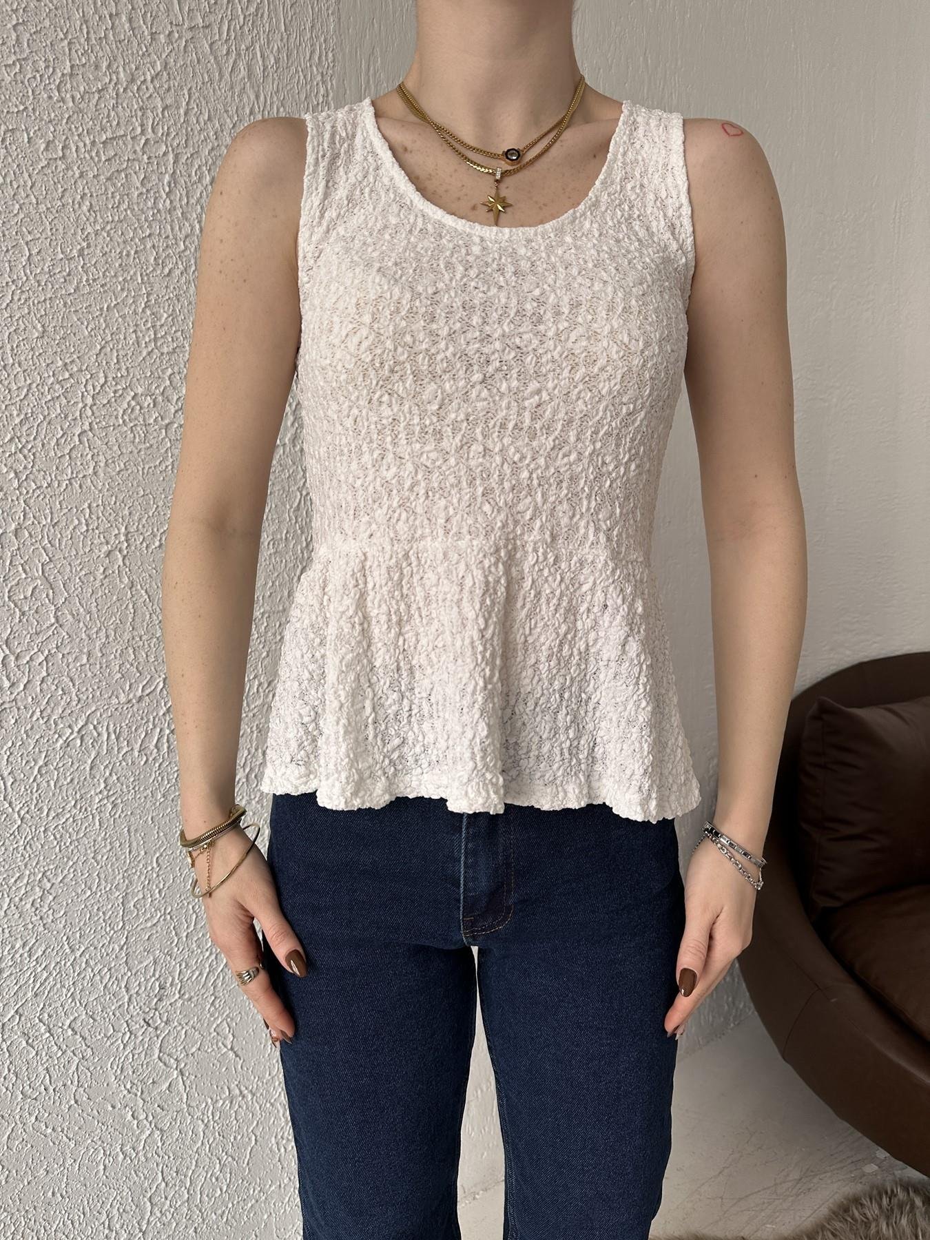 Peplum Dantel Askılı Bluz EKRU