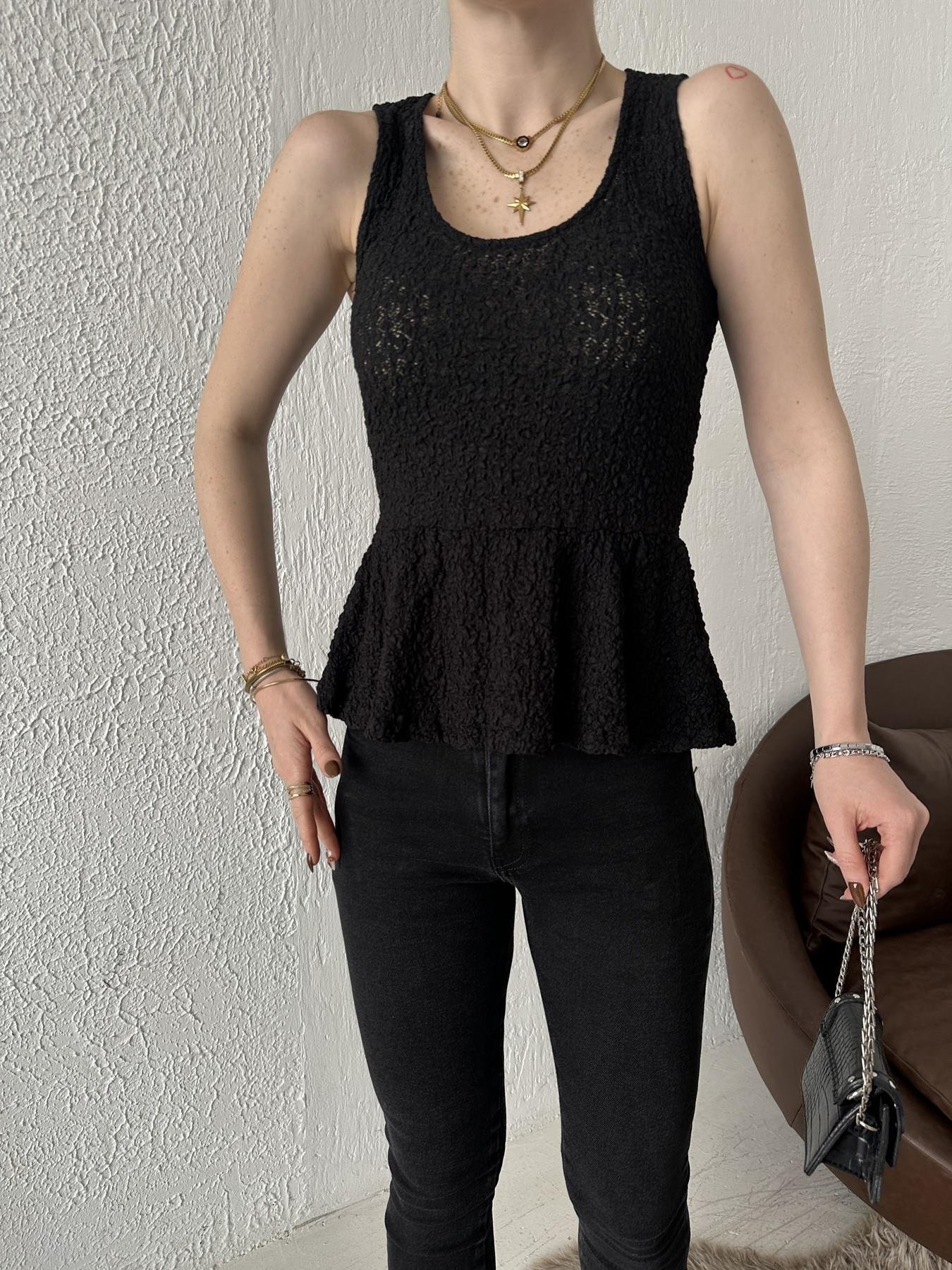 Peplum Dantel Askılı Bluz Siyah