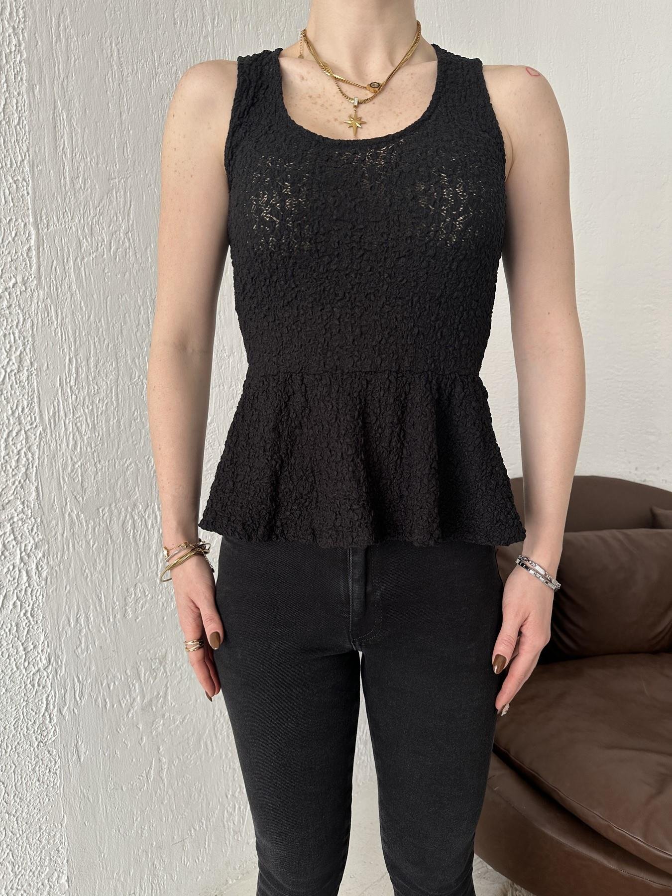 Peplum Dantel Askılı Bluz Siyah