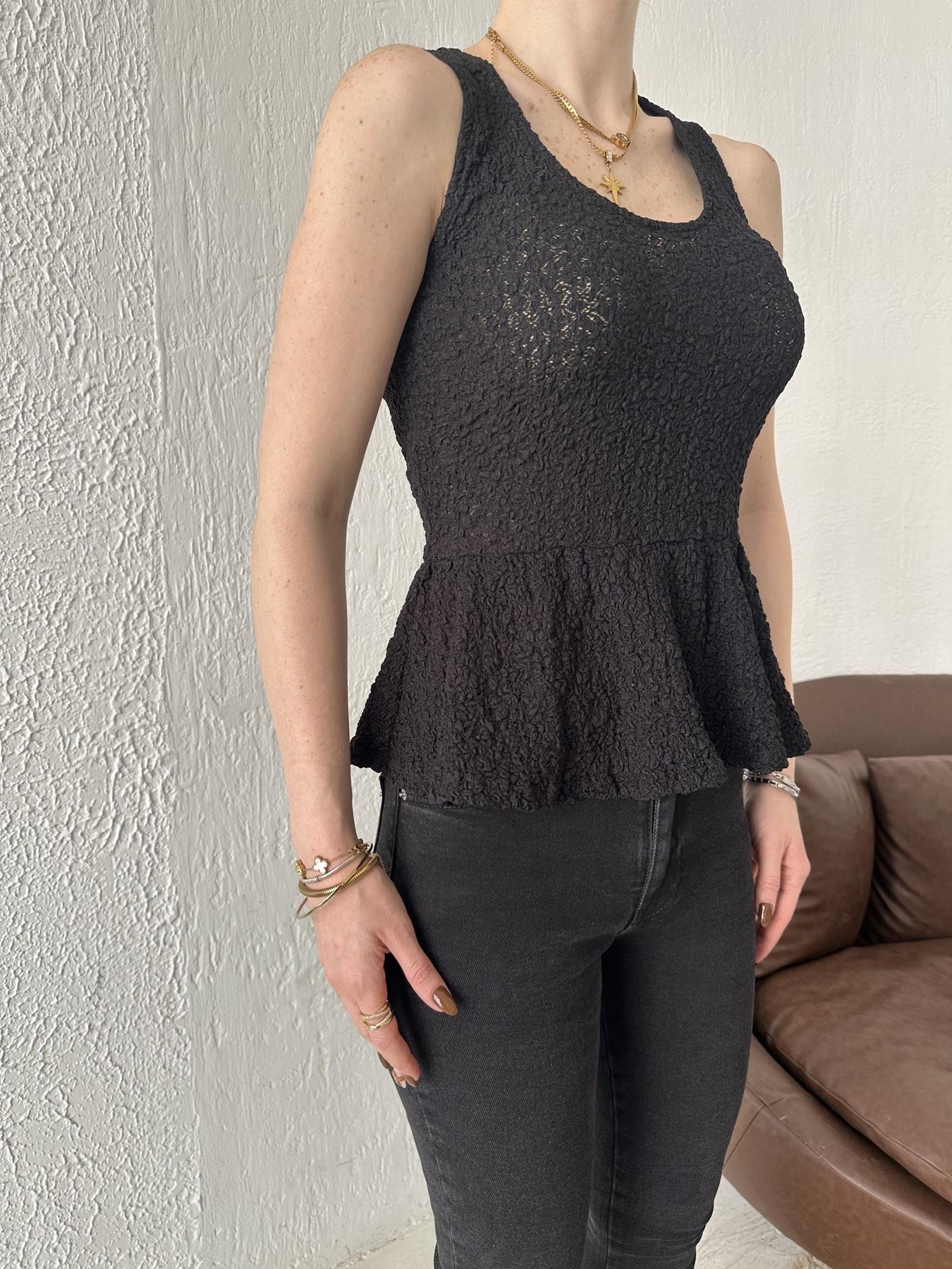 Peplum Dantel Askılı Bluz Siyah