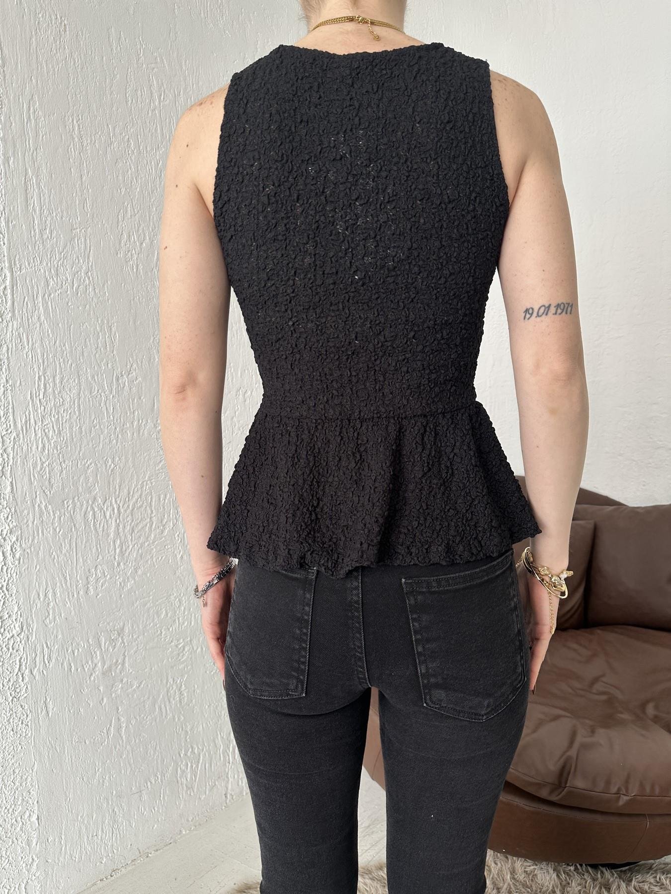 Peplum Dantel Askılı Bluz Siyah
