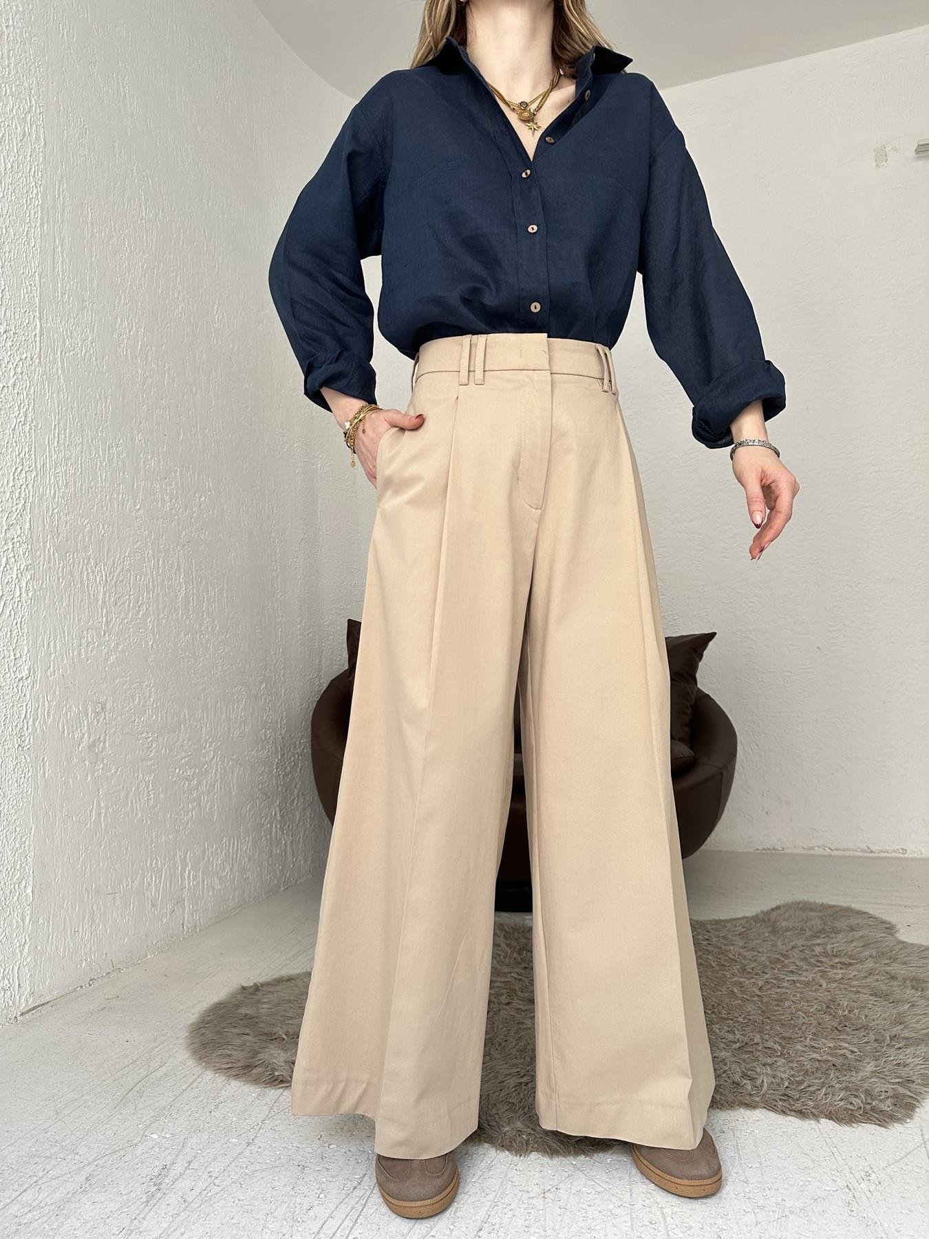 Pileli Geniş Paça Pantolon Camel