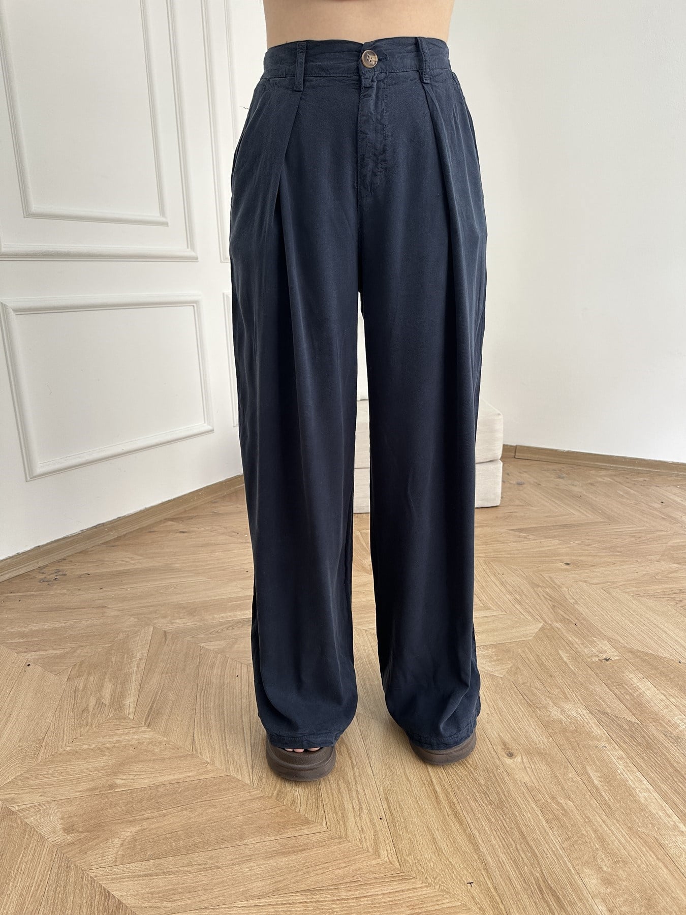 Pileli Tensel Pantolon Lacivert