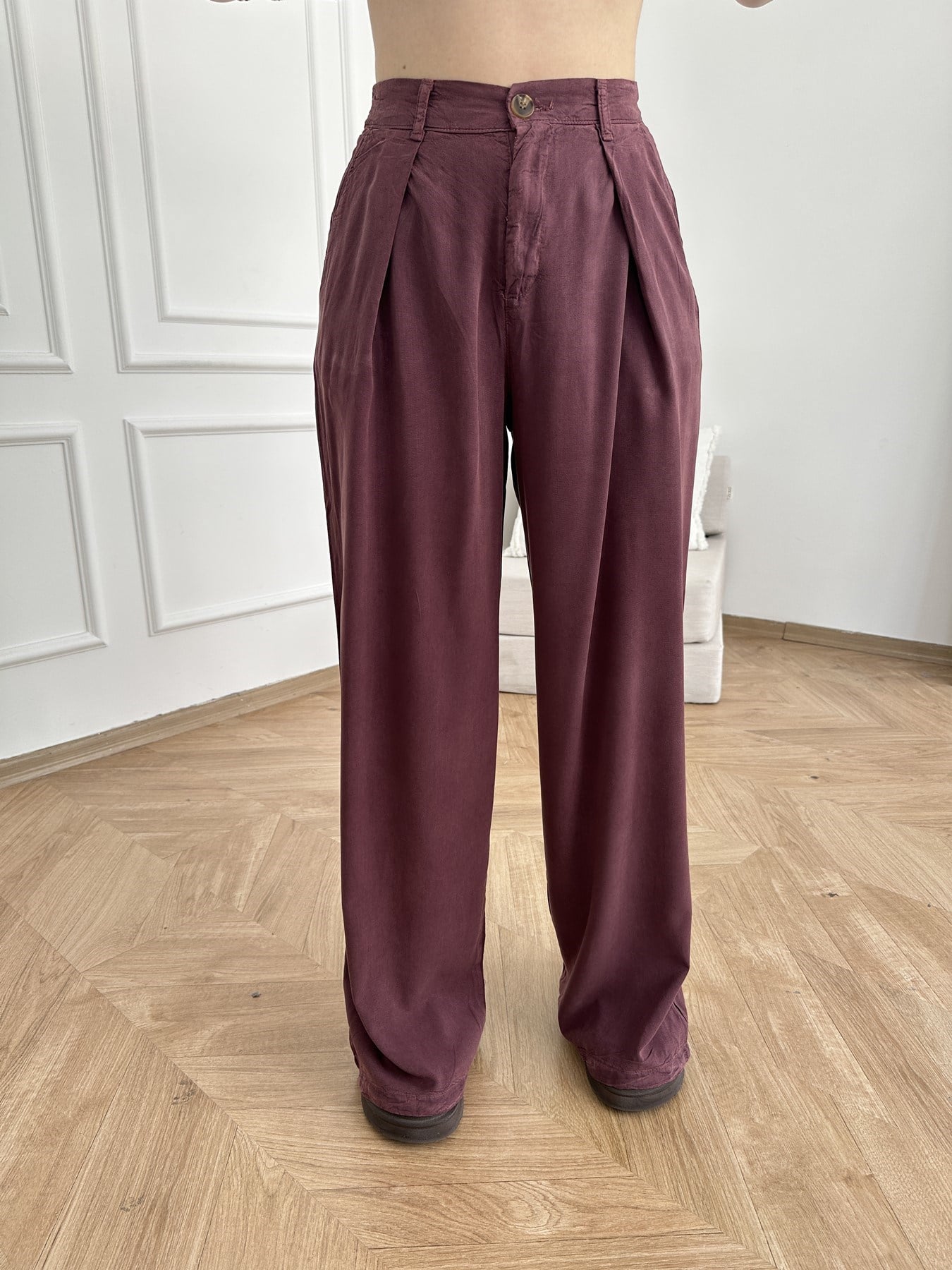 Pileli Tensel Pantolon Mürdüm