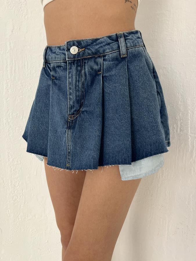 Plise Jean Şort Etek MAVİ