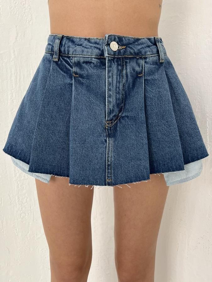 Plise Jean Şort Etek MAVİ