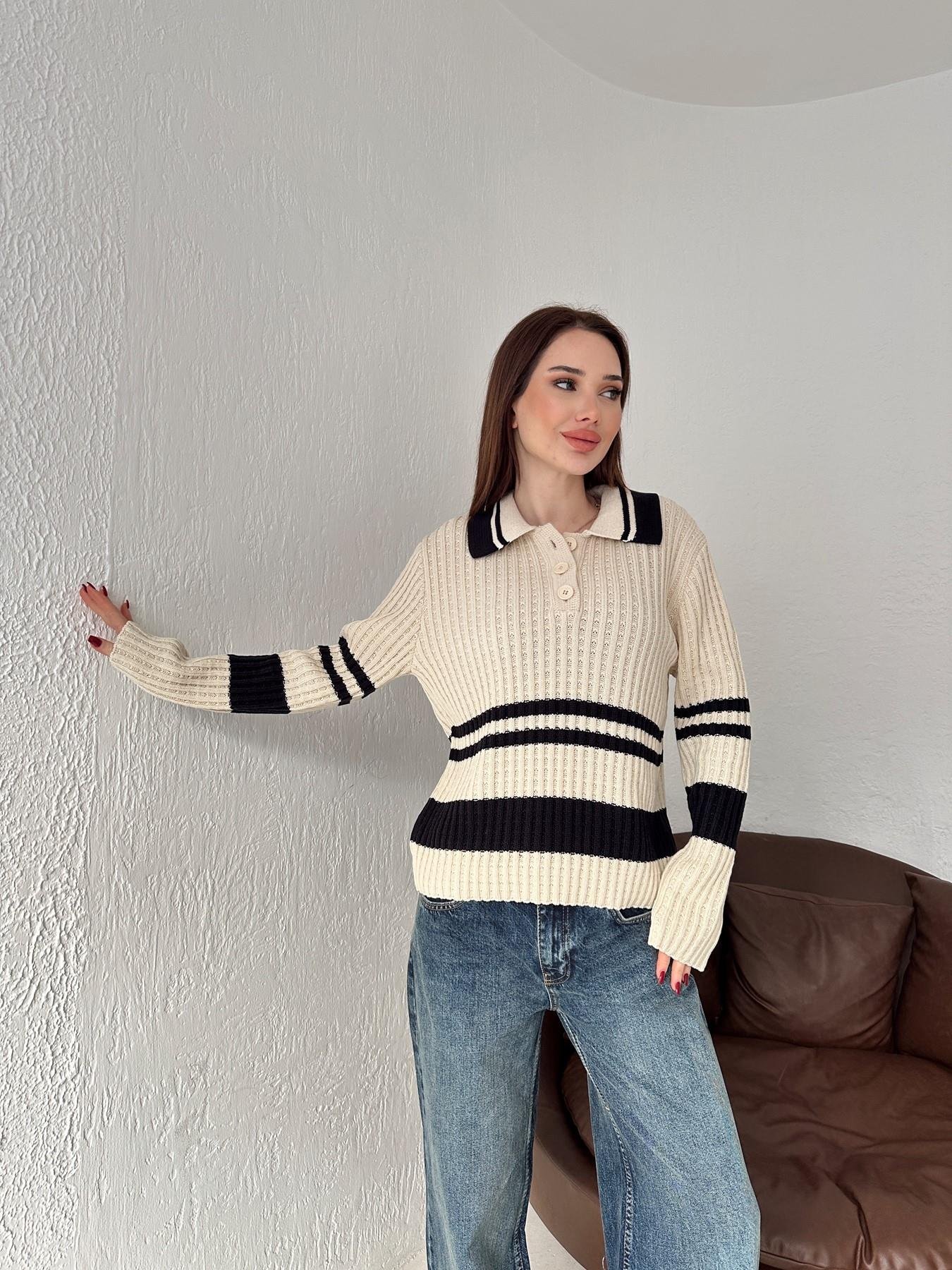 Polo Yaka Çizgili Düğmeli Kazak EKRU-LACİ