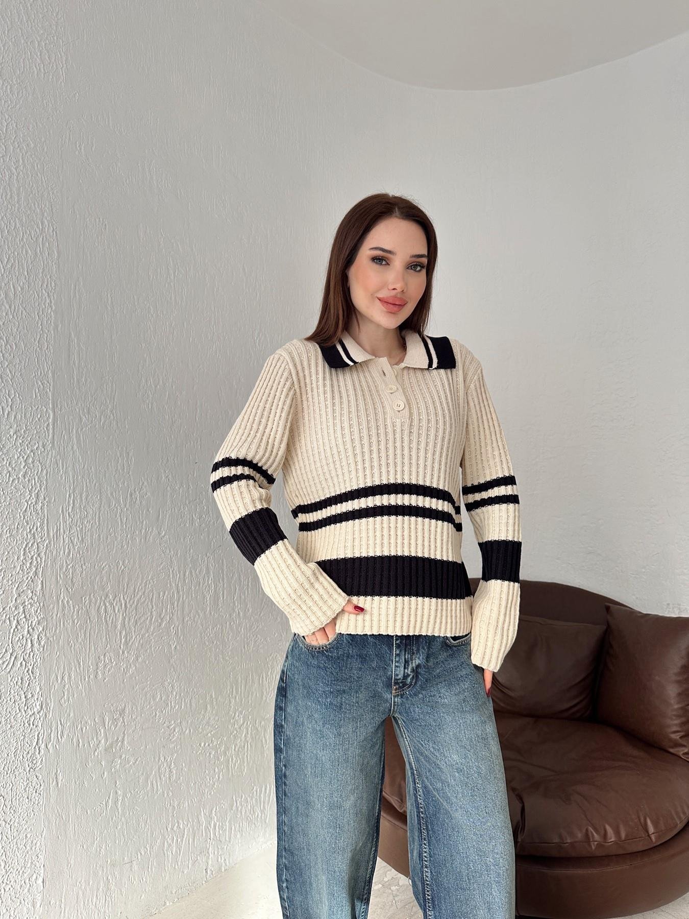 Polo Yaka Çizgili Düğmeli Kazak EKRU-LACİ